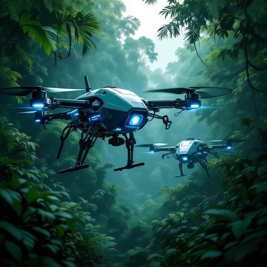 Futuristic Military Drones Scan Tropical Forest