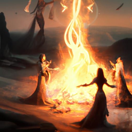 Witches dancing around a bonfire