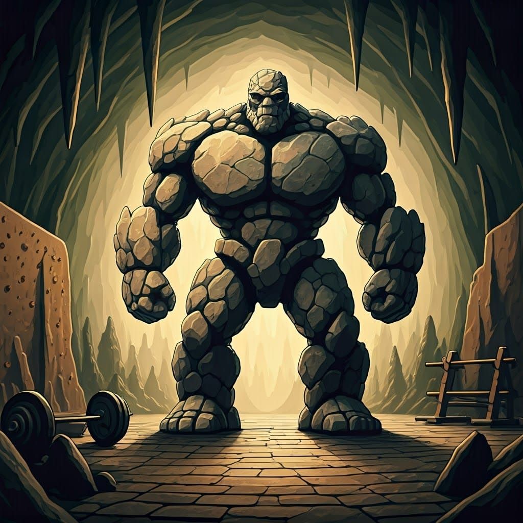 Ancient Rock Golem Stands Tall in Vintage-Style Fitness Cent...
