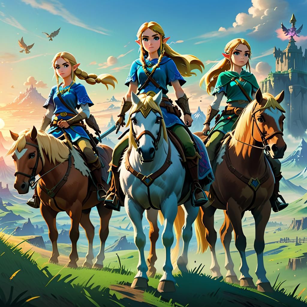 Three Women on Horseback in Hyrule Landscape