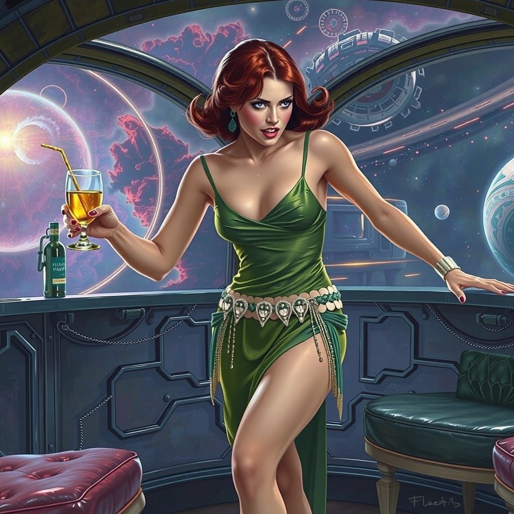 Vargas-Inspired Flinty Redhead Confronts Cosmos in 1930s Sty...