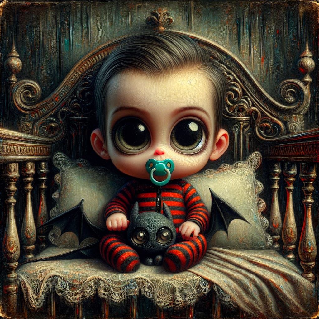 Enigmatic Oil Painting of Baby with Bat Plushie