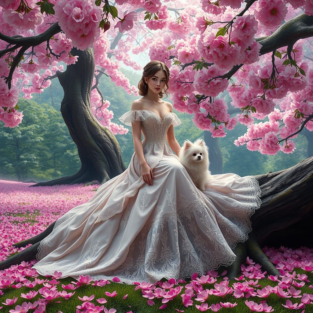 Elegant Victorian Lady in Cherry Blossom Forest