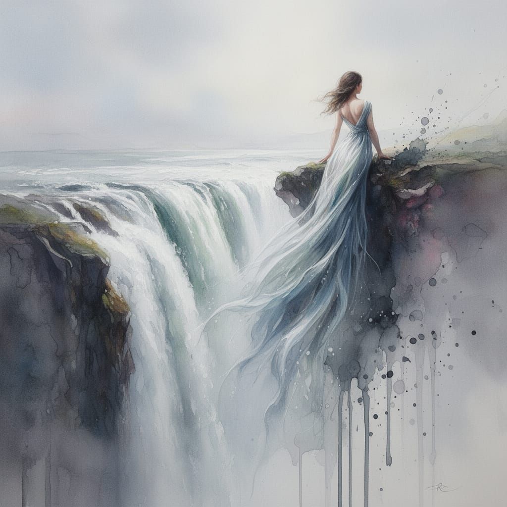 Woman's Dress Melds With Waterfall in Watercolor Style