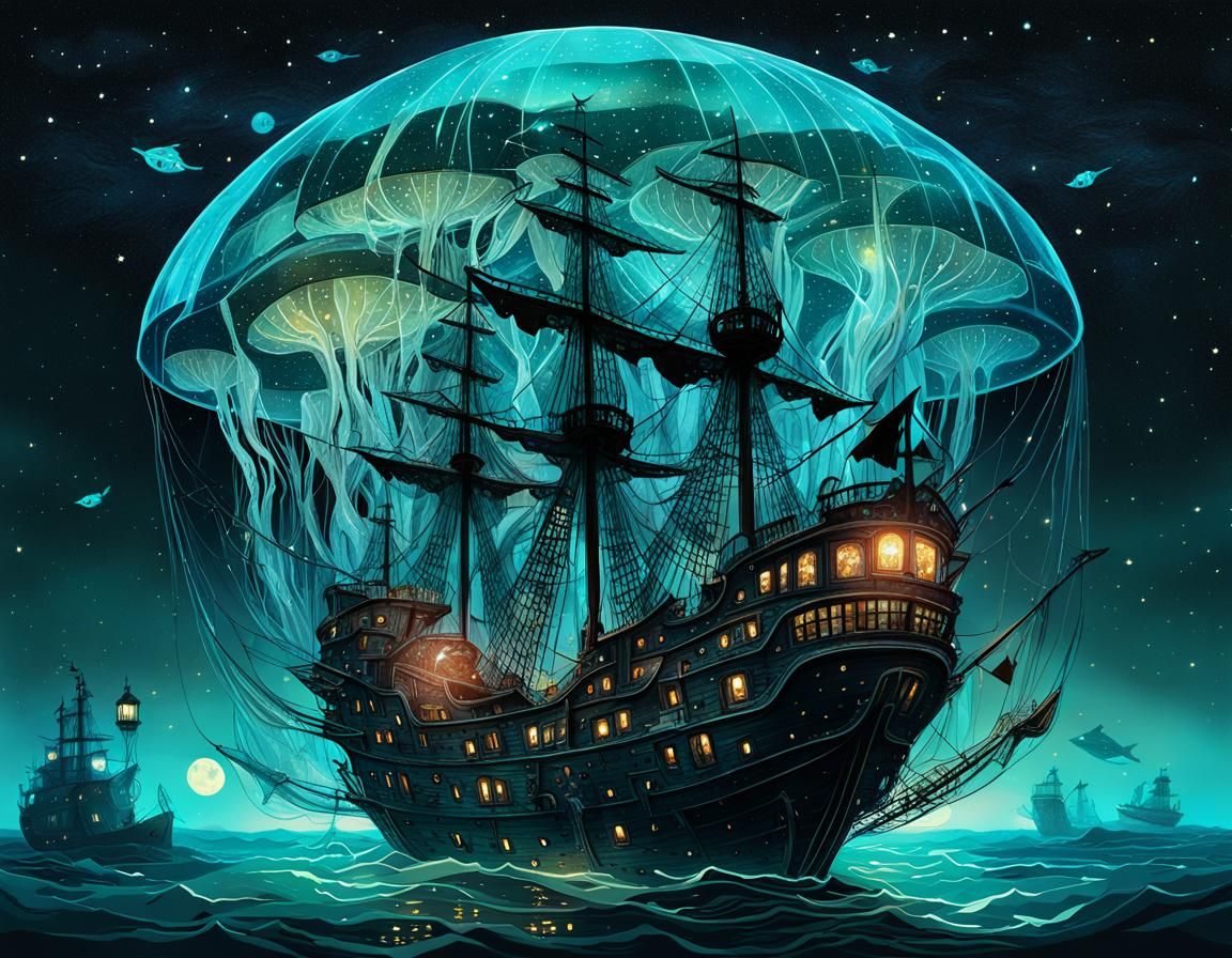 Haunted Pirate Ship in Bioluminescent Jellyfish: Surreal Col...