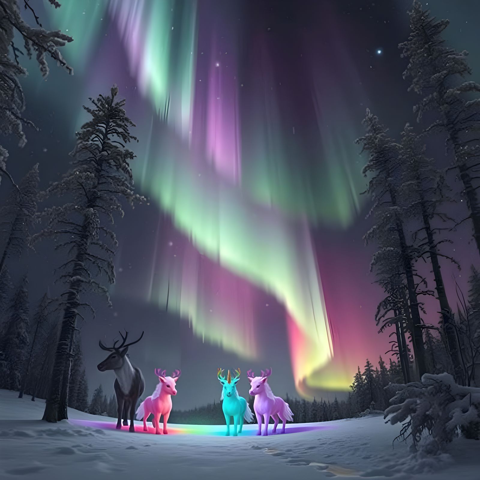 Reindeer Trio Under Aurora Borealis in Digital Art