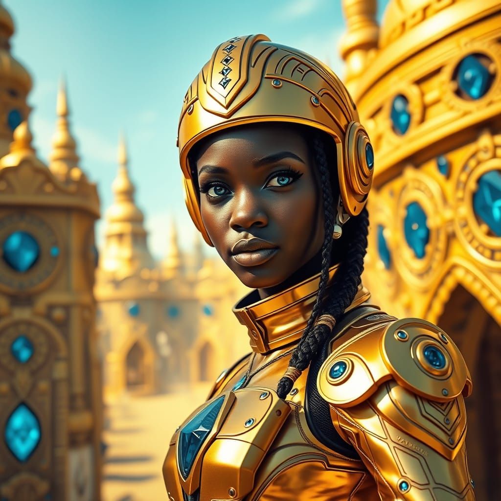 Futuristic African Warrior in Golden City