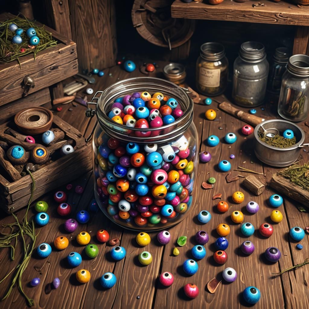 Jar of Colorful Eyeballs in Rustic Cabin