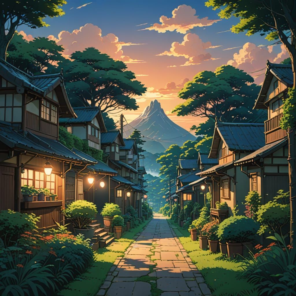 Scenic Evening Path in Studio Ghibli Anime Style
