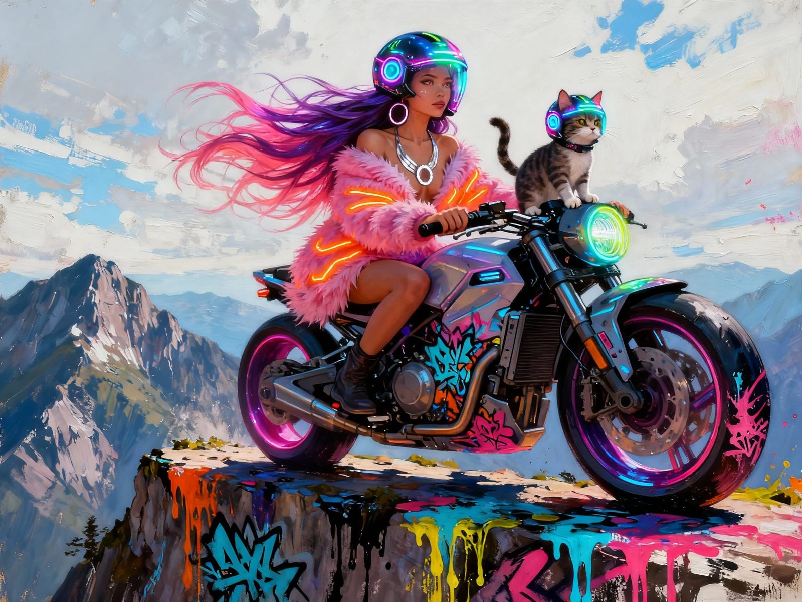 Futuristic Woman With Cat on Motorcycle at Mountain Cliff