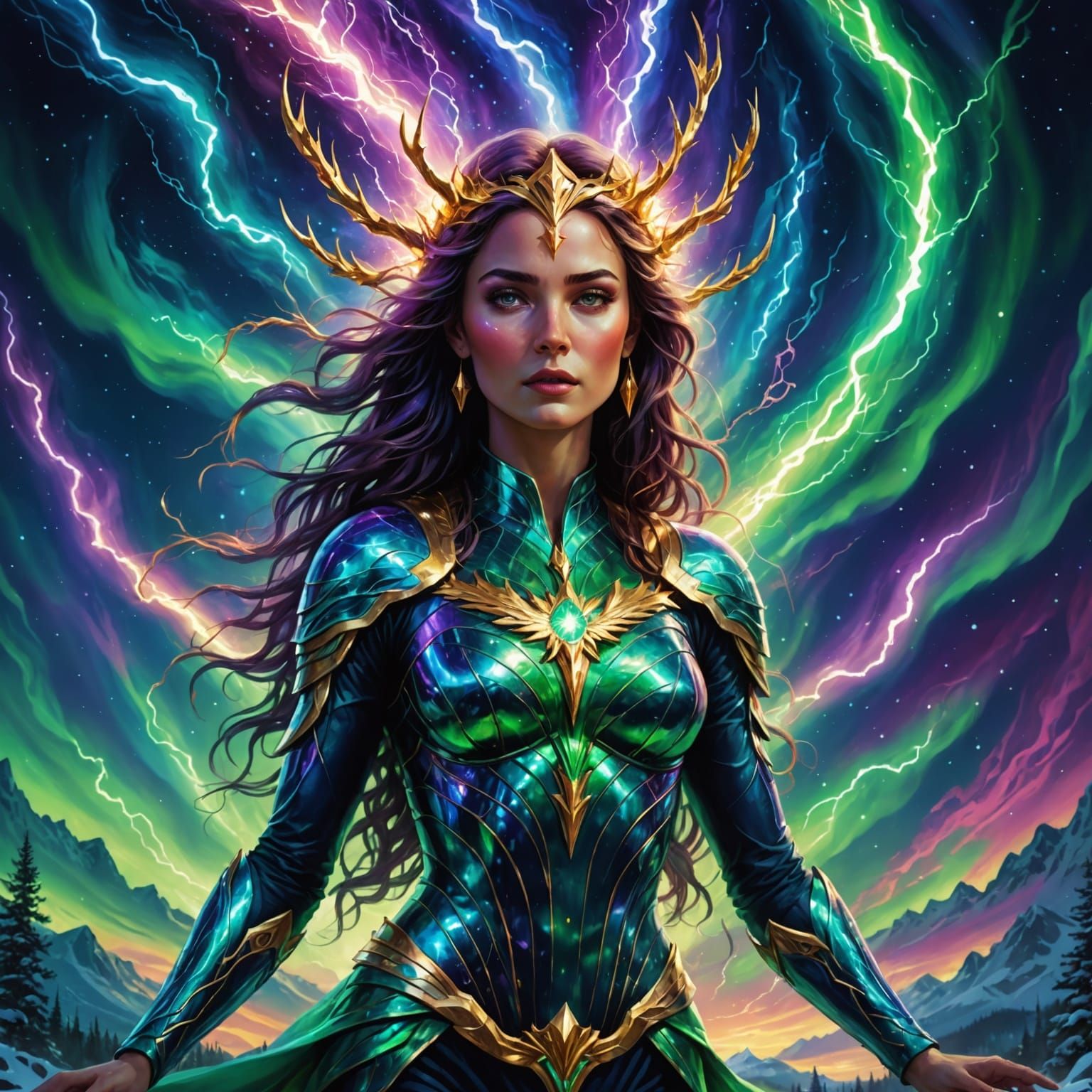 Cosmic Goddess Unveiled in Astral Northern Lights