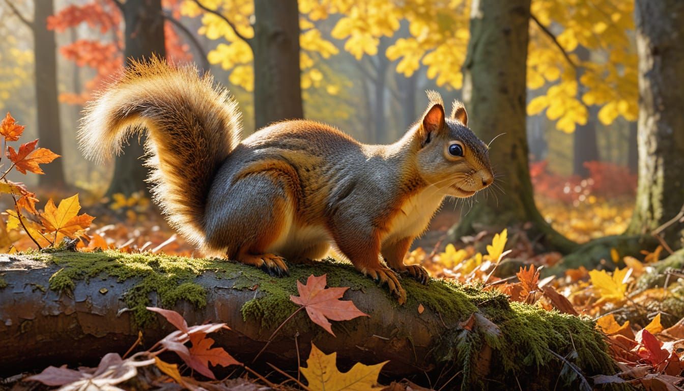 Majestic Autumn Oak and Squirrel in Hyper-Realistic Impasto ...