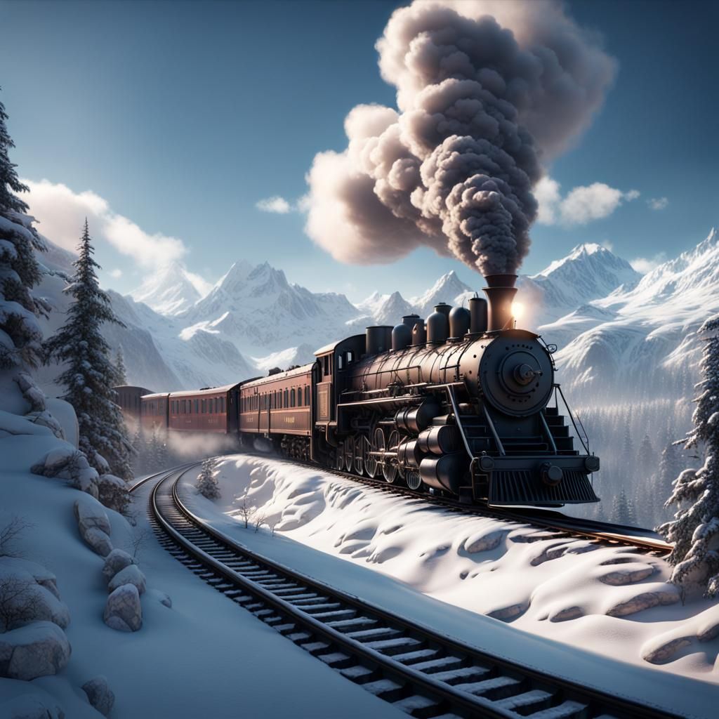 Train Through Snowy Mountains: Detailed Matte Painting