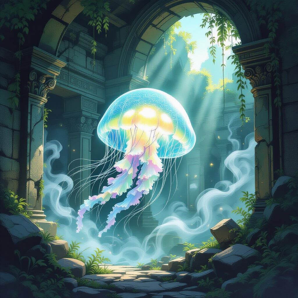 Bioluminescent Jellyfish in Ancient Temple Ruins
