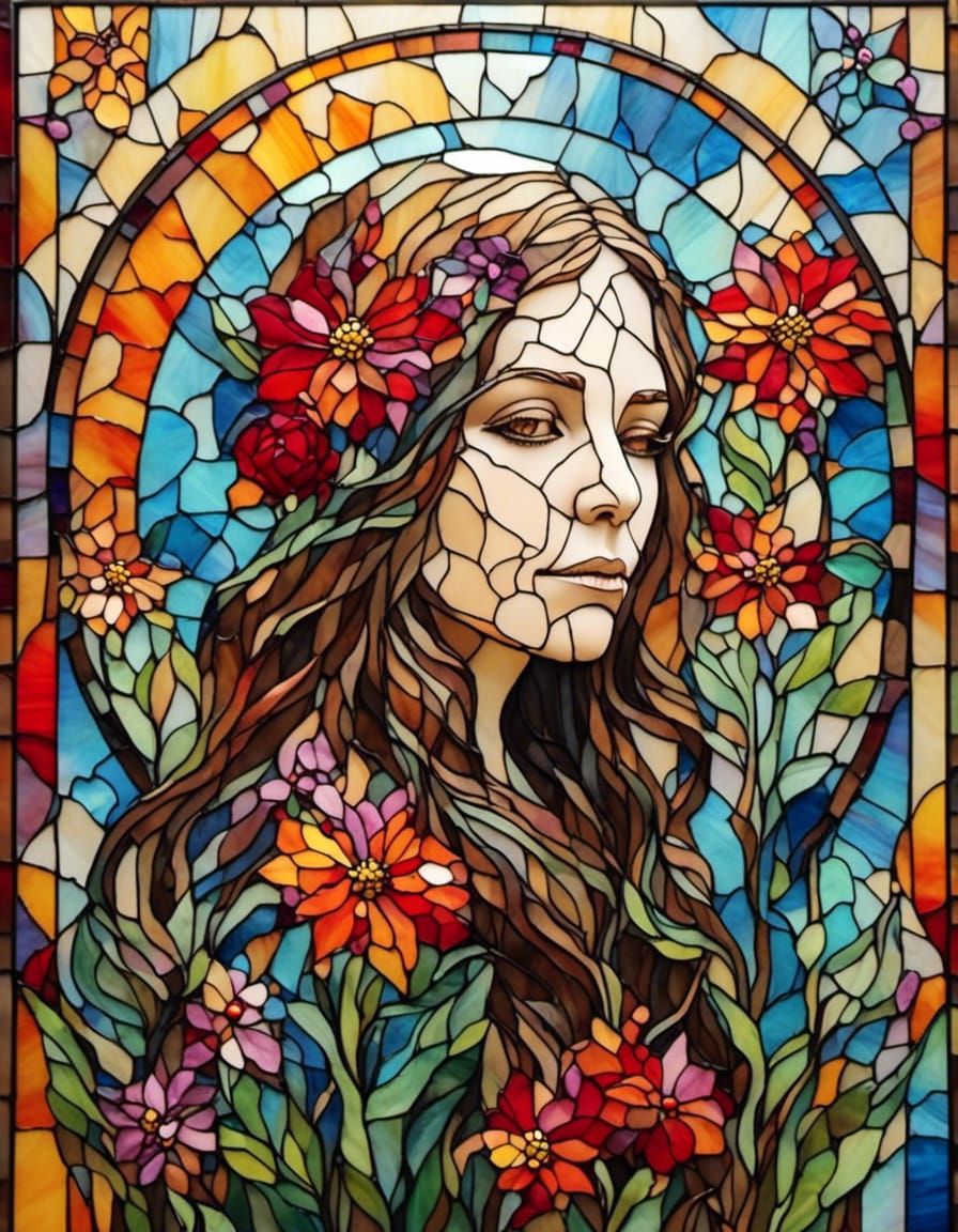 Pious Woman with Flowers on Stained Glass
