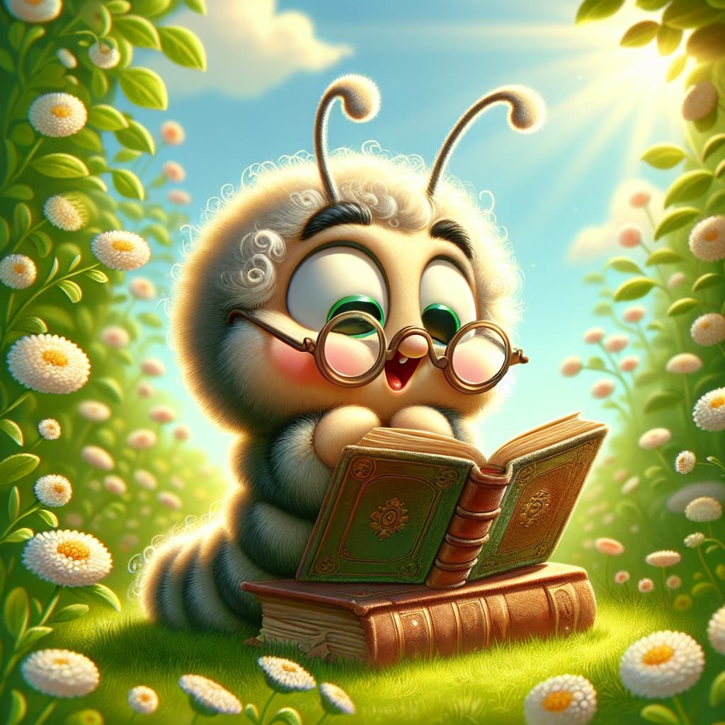 Whimsical Bookworm in Springtime Meadow