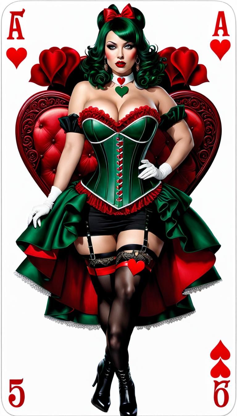 Pinup Girl Adorns Red Five of Hearts Card