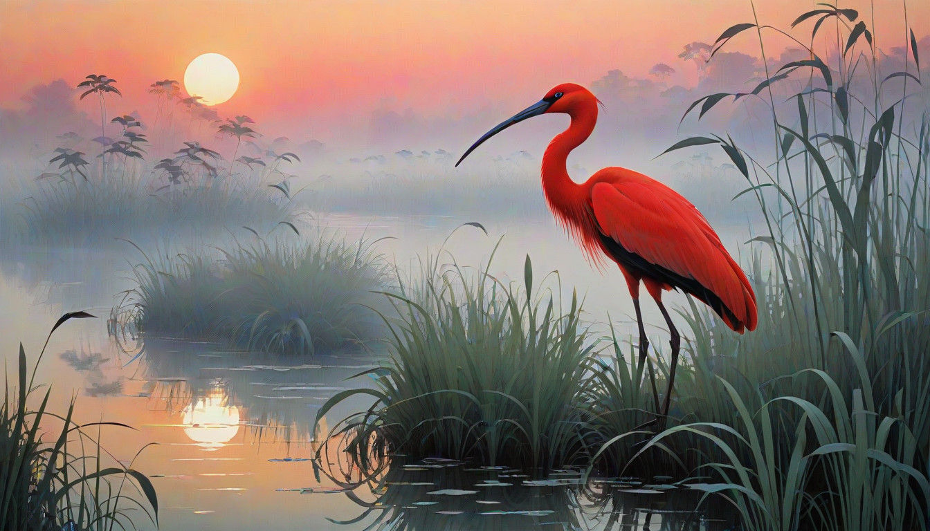 Ethereal Scarlet Ibis in Twilight Reeds