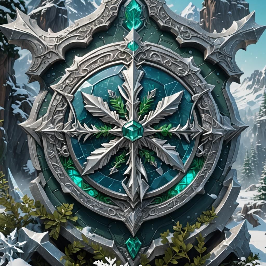 Icy Fantasy Emblem with Snowflake and Mountain Peaks