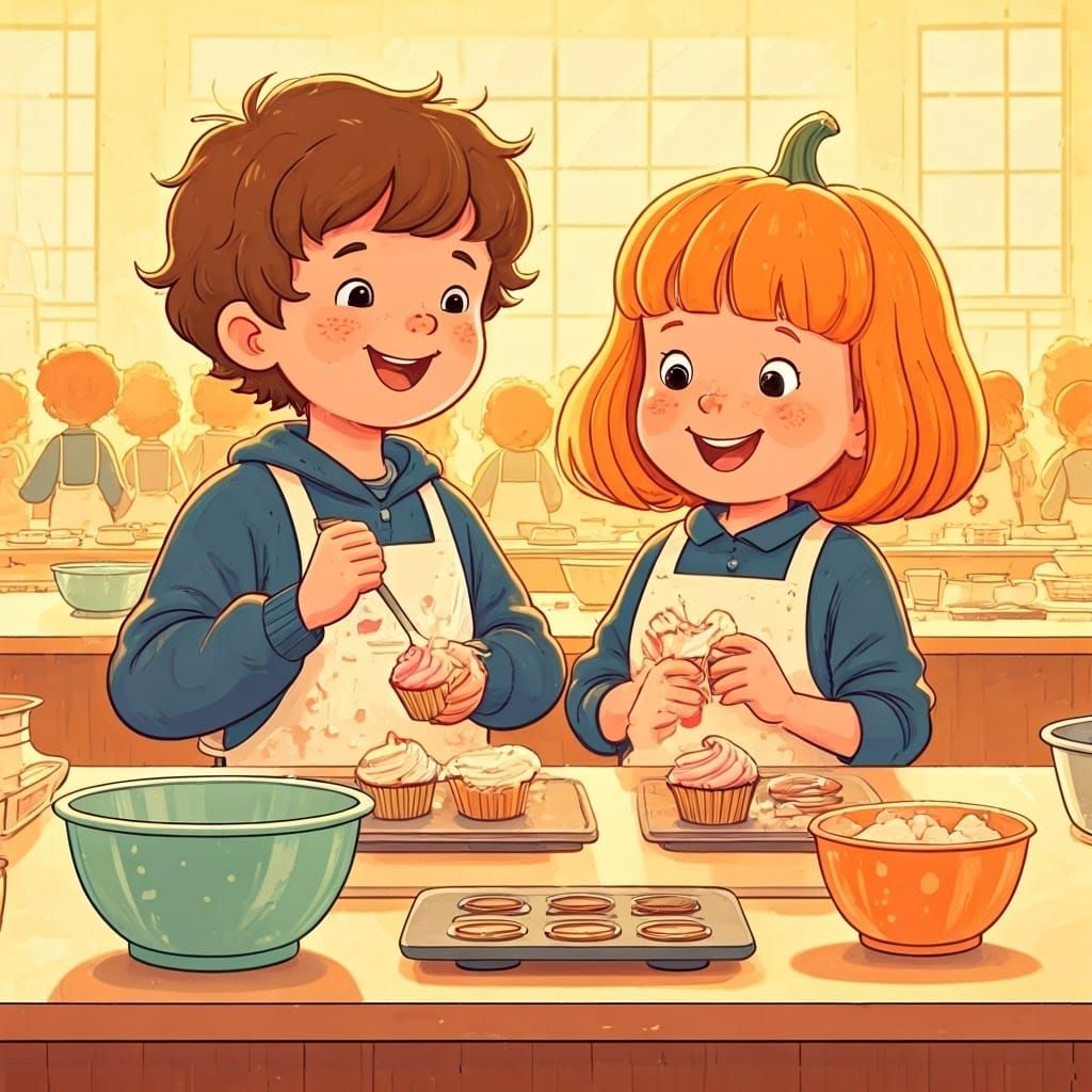 Children Baking Cupcakes, Whimsical Illustration