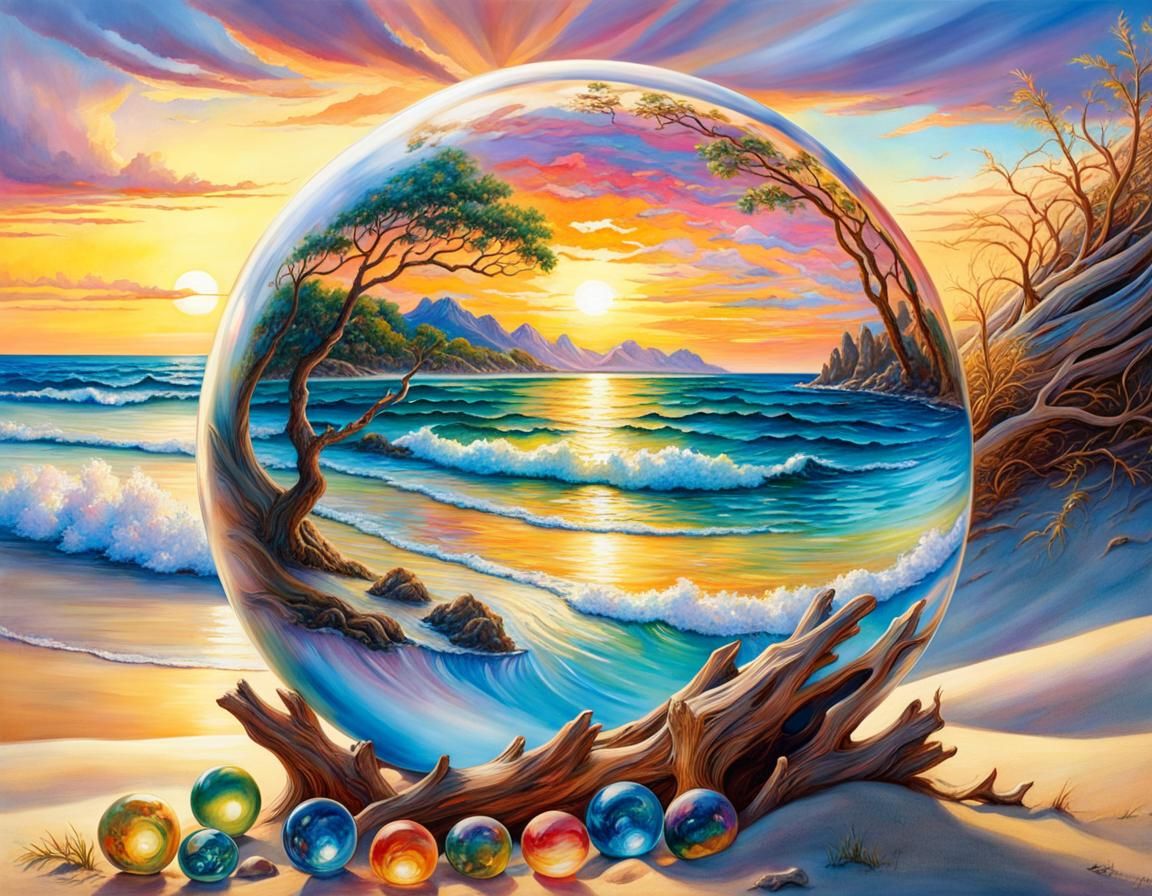 Polychromatic Glass Ball on Beach at Sunset