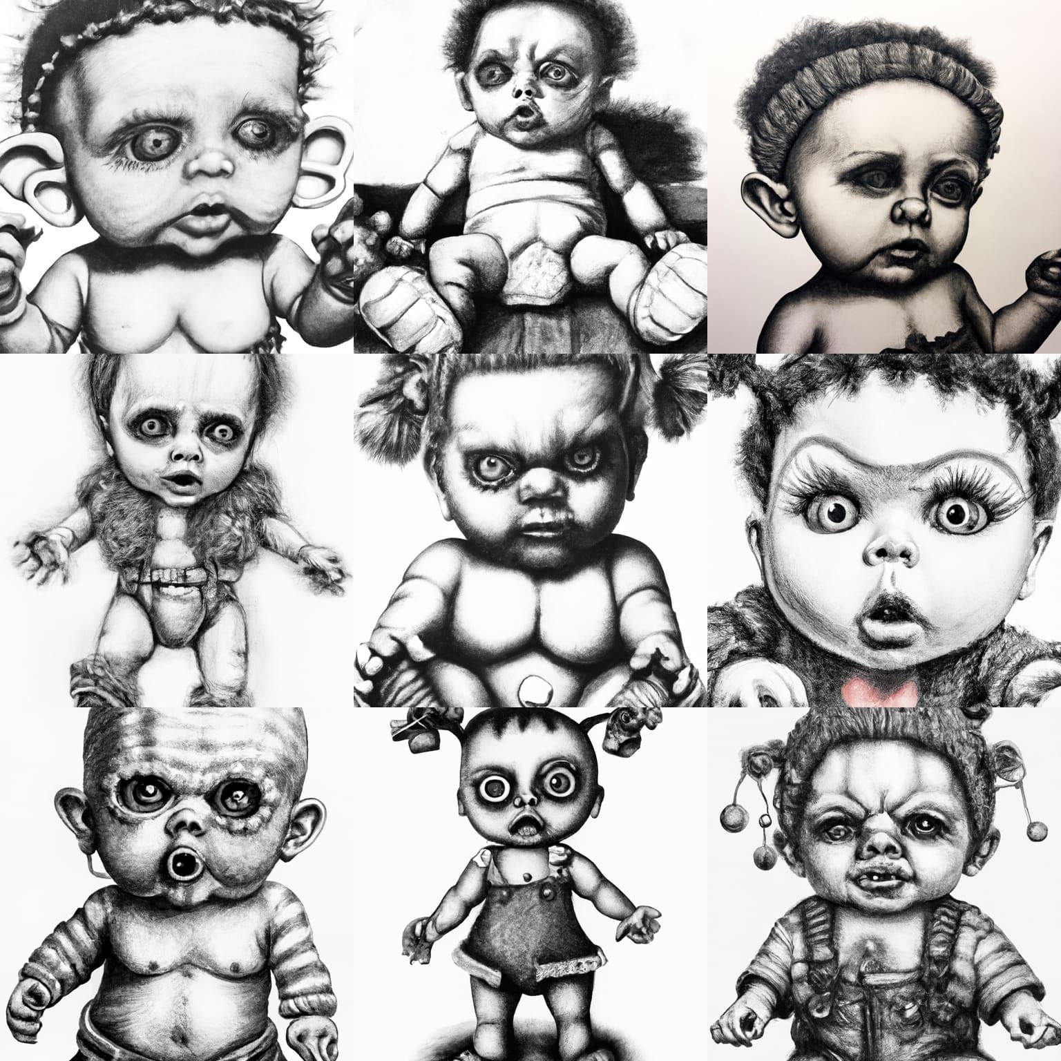 Hyperdetailed Charcoal Drawing of Zombie Baby Doll Army