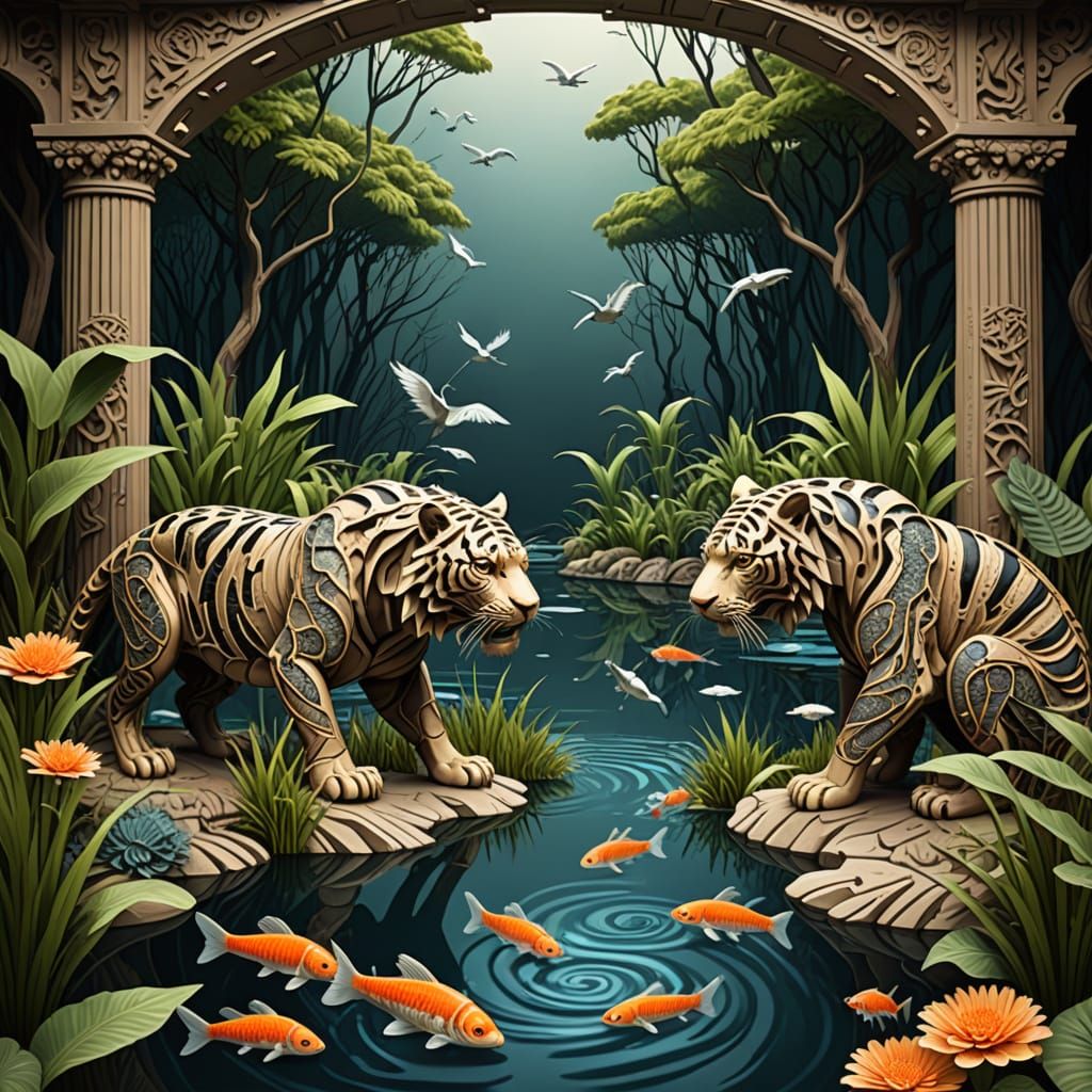 Predator's Pond with Tiger Statues and Herons