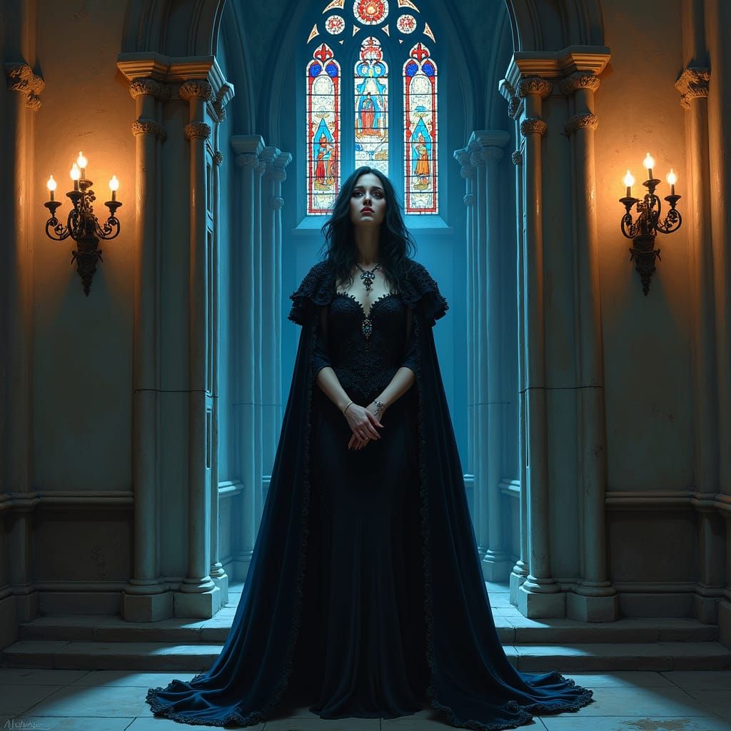 Gothic Woman in Cathedral, Expressionist Style