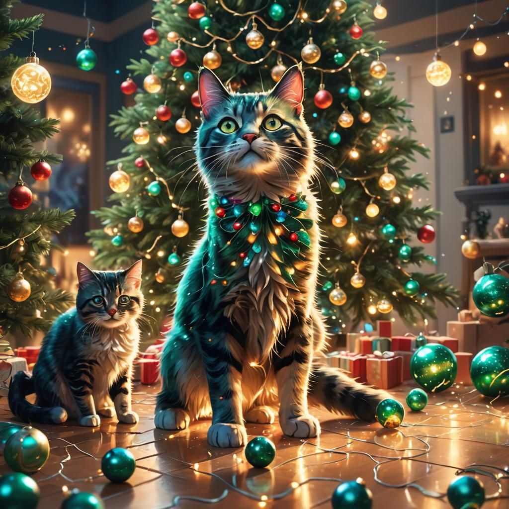 Naughty Kitties and Christmas Tree Chaos: Fantasy Art