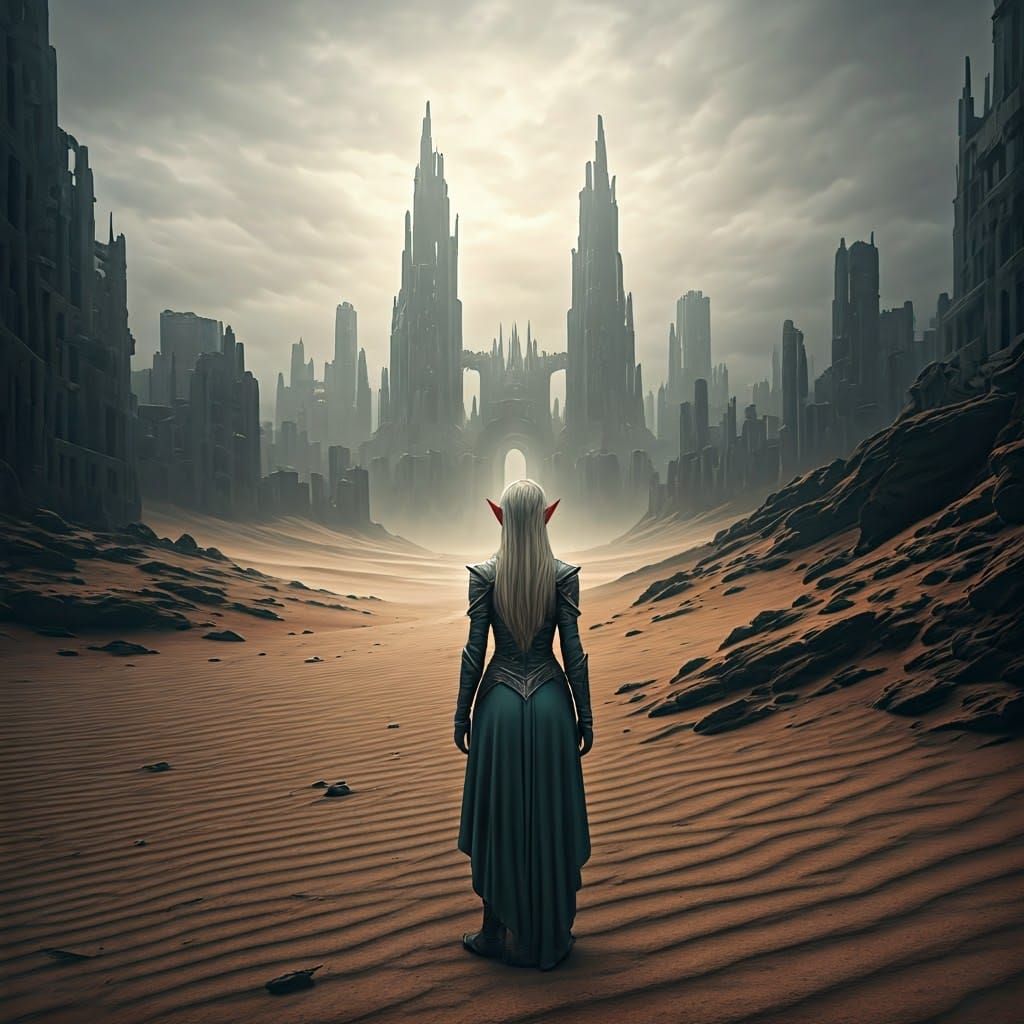 Elegant Mysterious Elf Woman Stands at the Edge of Desert Ci...