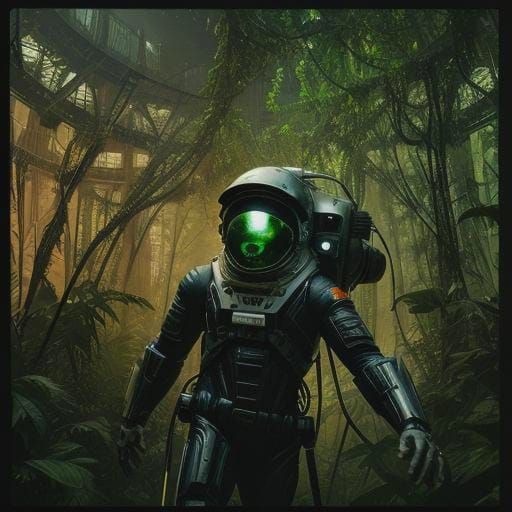 Neo-Futuristic Astronaut Exploring Jungle: Cinematic Film St...