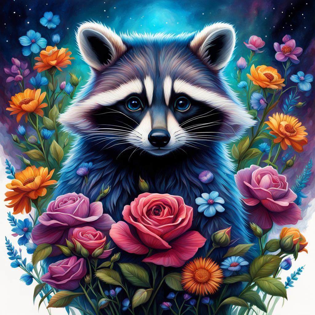 Raccoon in Flower Garden Painting