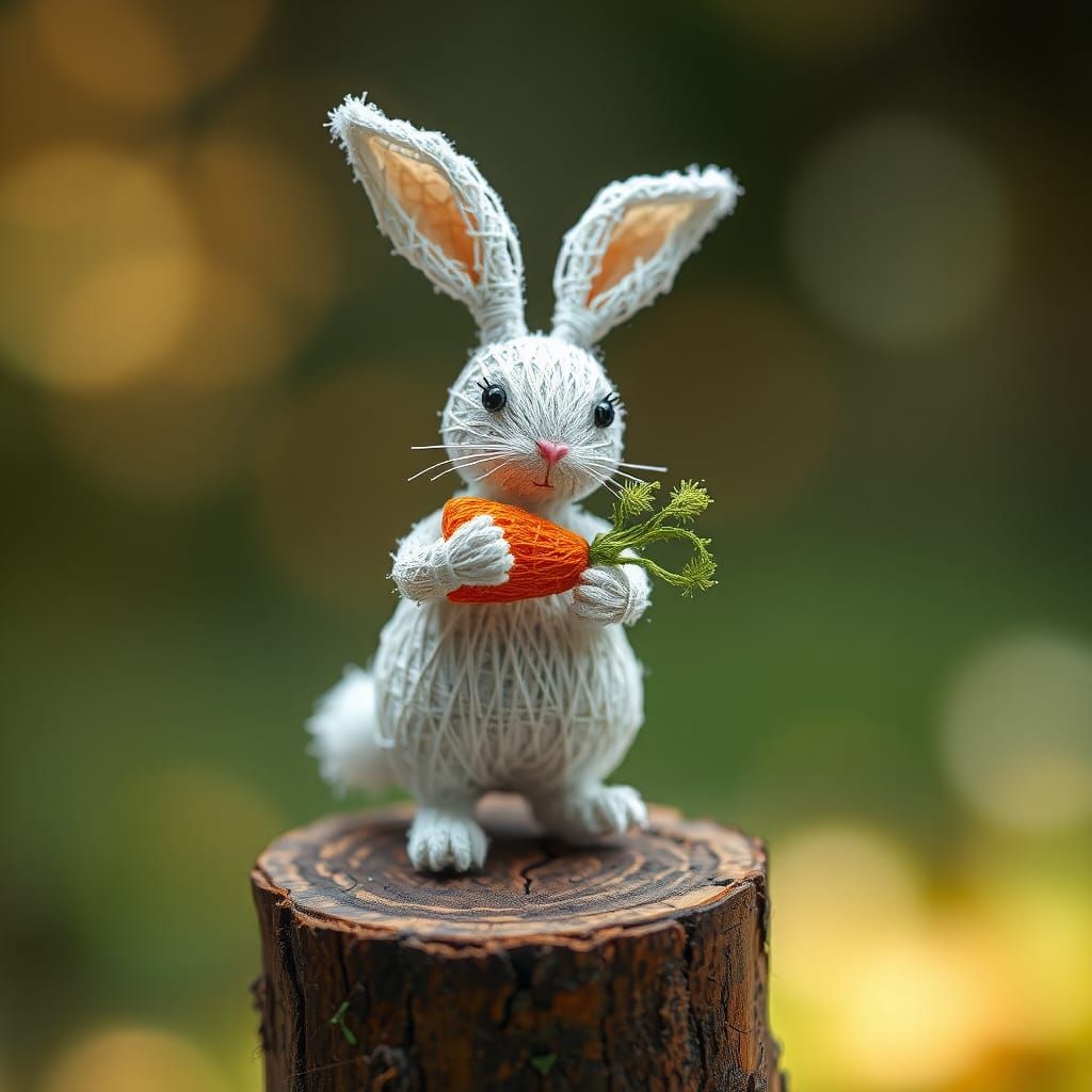 Rabbit String Art Doll on Wood Stump