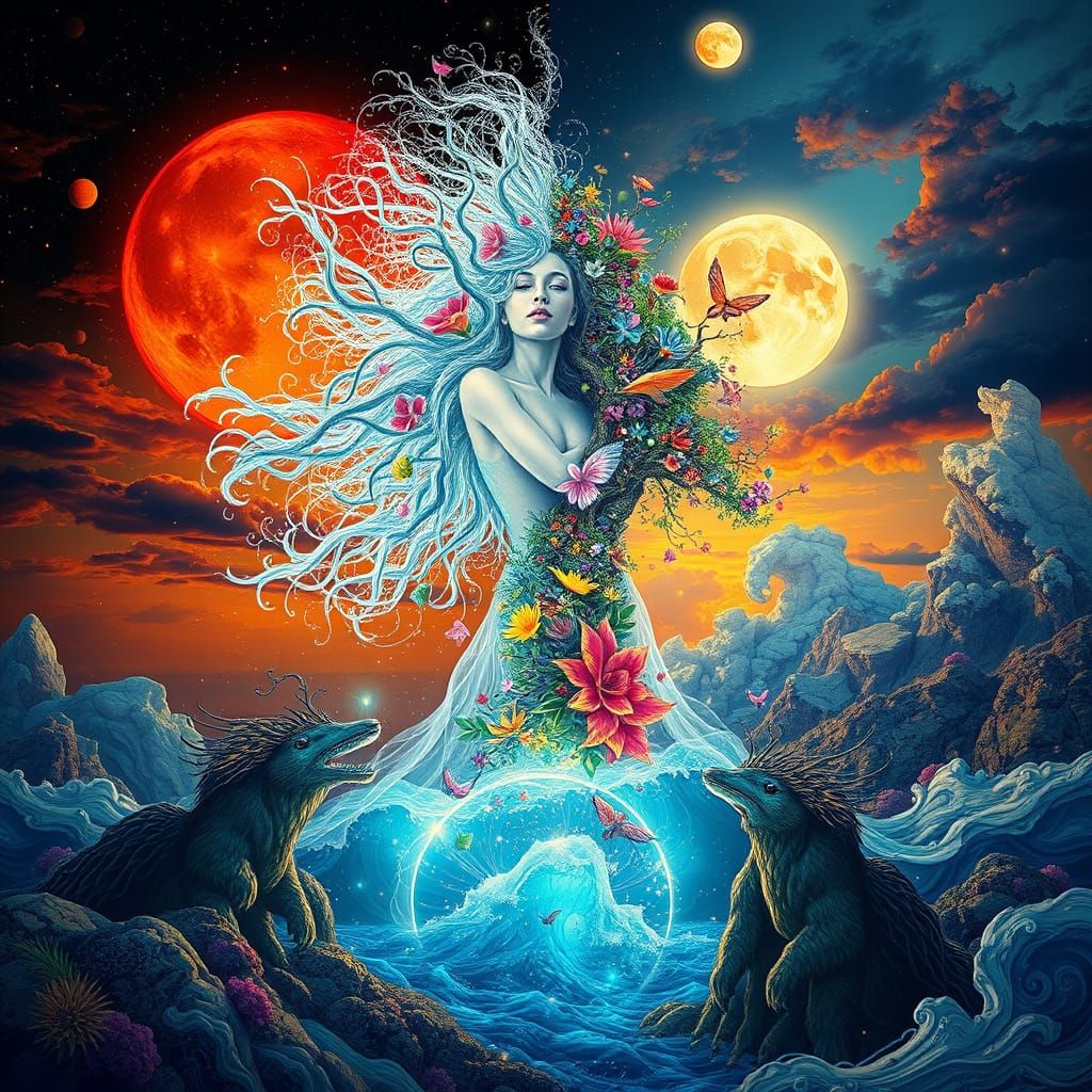 Surreal Goddess Embodies Earth, Moon, and Seasons in Vibrant...