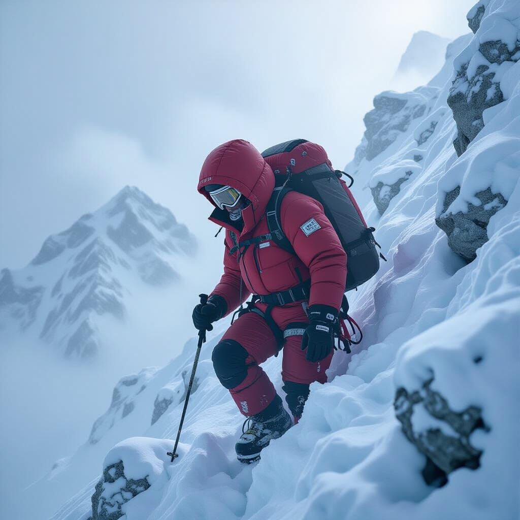 Climber Ascending Misty Mount Everest in Atmospheric Style