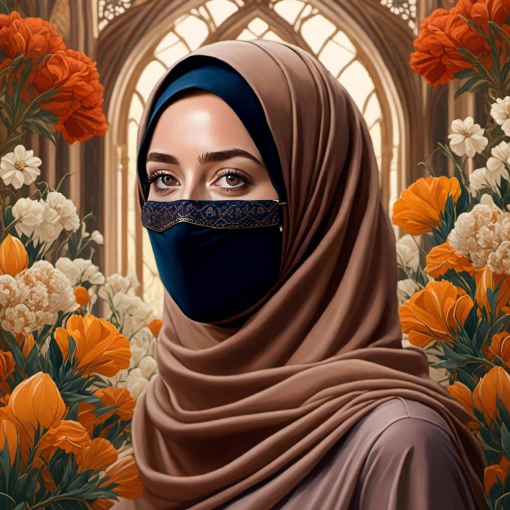 Hijabi Woman with Mask in Ethereal Oil Painting Style