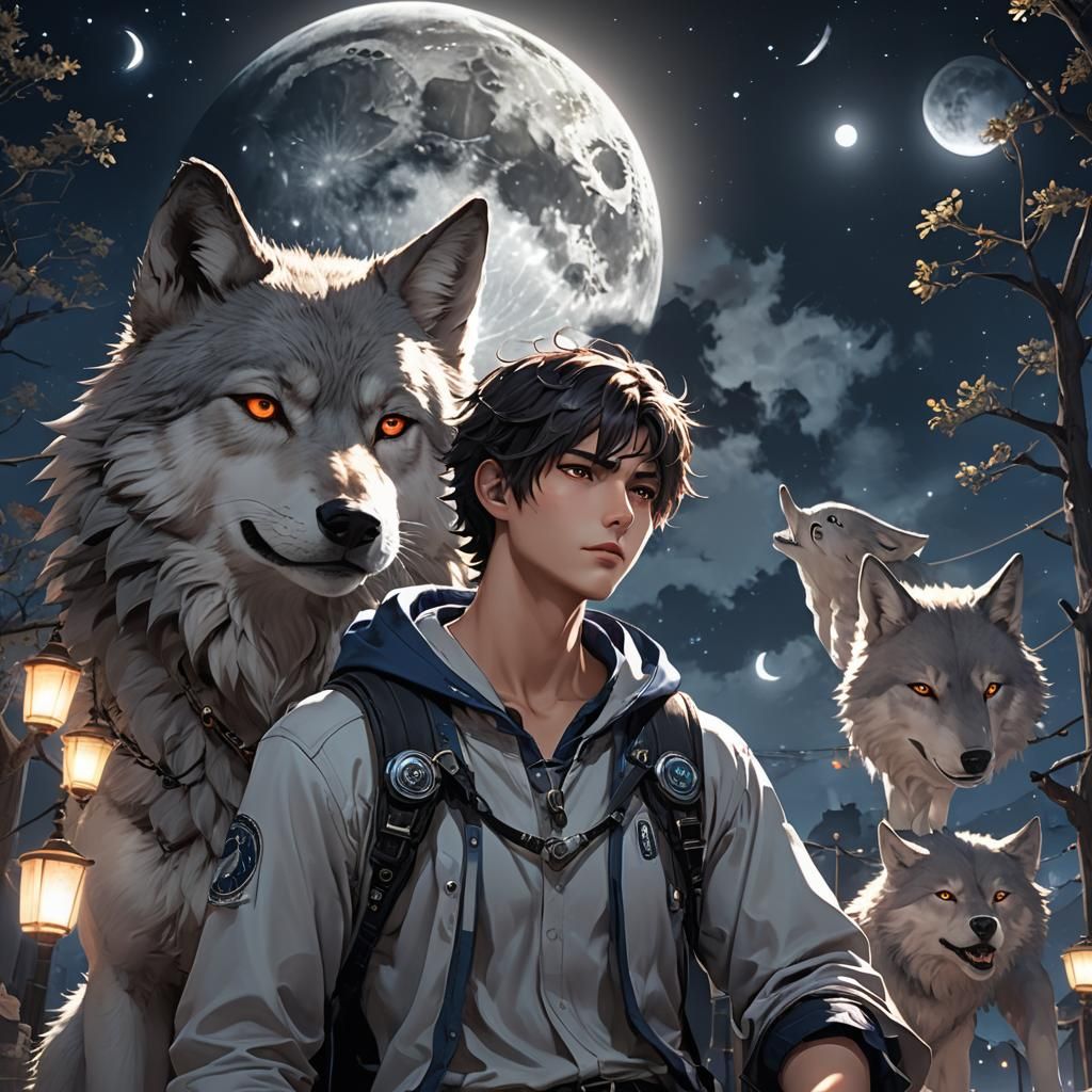 Anime Wolf Boy in Moonlight: 3D Art
