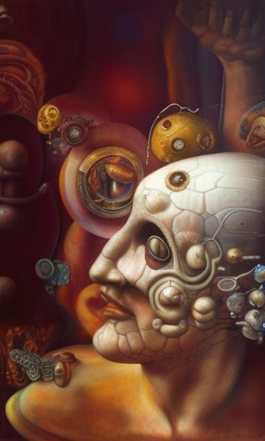 Self-Aware Machines in Surreal Dystopian Landscape