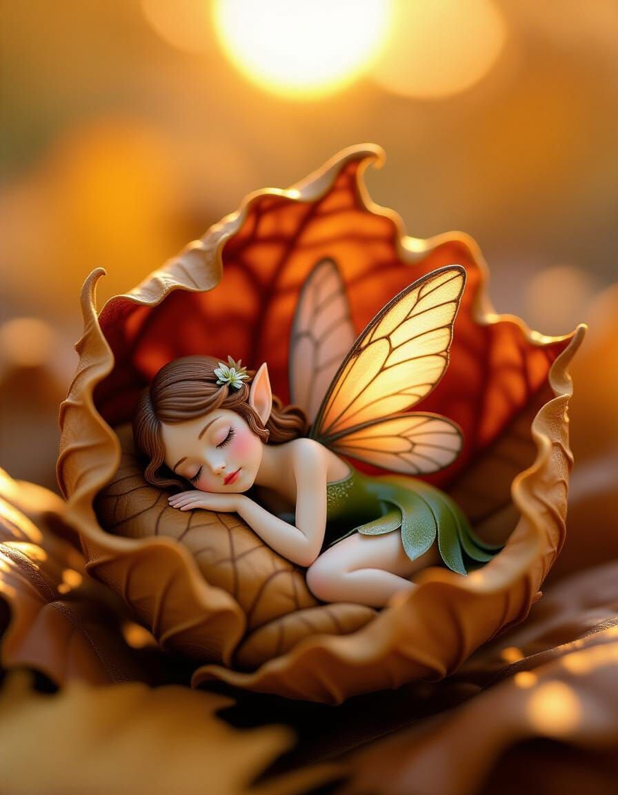 Tiny Autumn Fairy Rests in Dry Leaf at Sunset