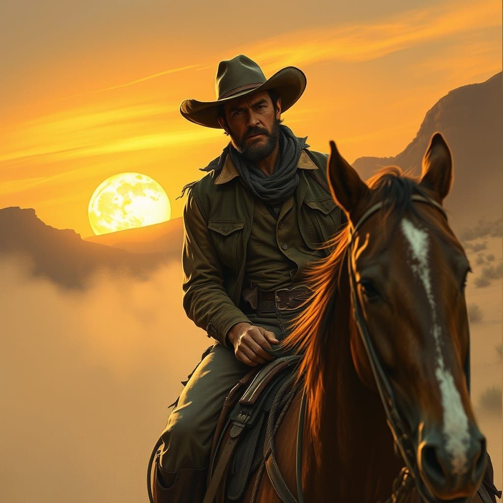 Cowboy Rides into Sunset: Western Scene