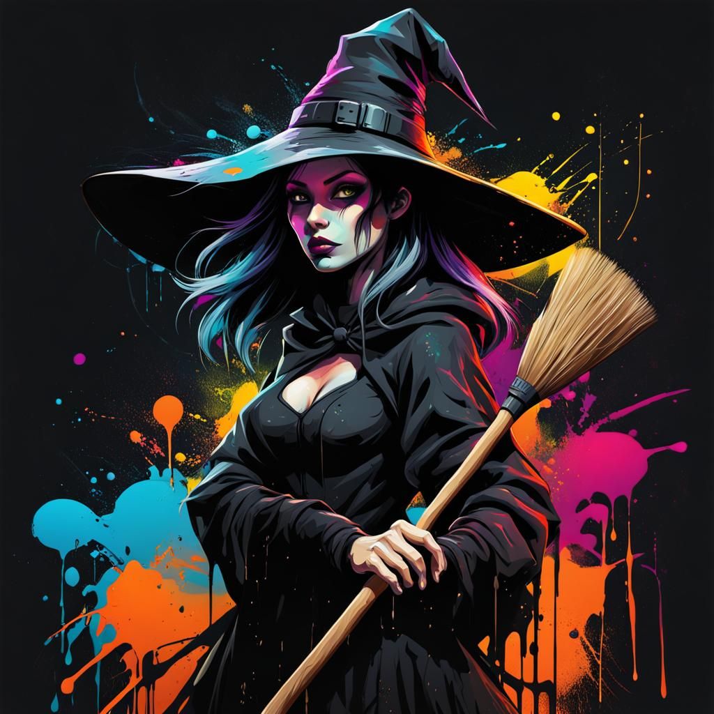 Young Witch in Graffiti Art Style on Dark Background