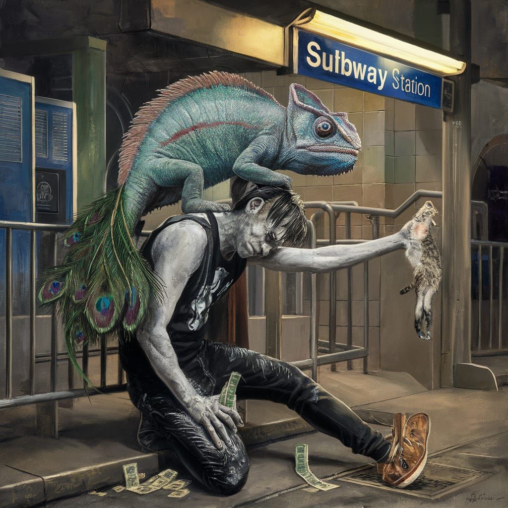 Surrealist Painting of Chameleon-Peacock Hybrid in Urban Set...