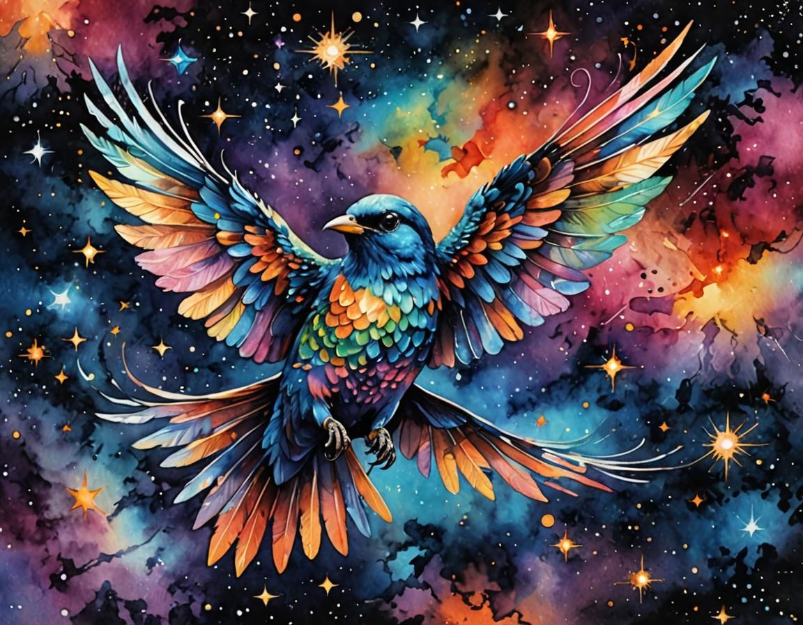 Bird Flies Through Iridescent Cosmos Watercolor