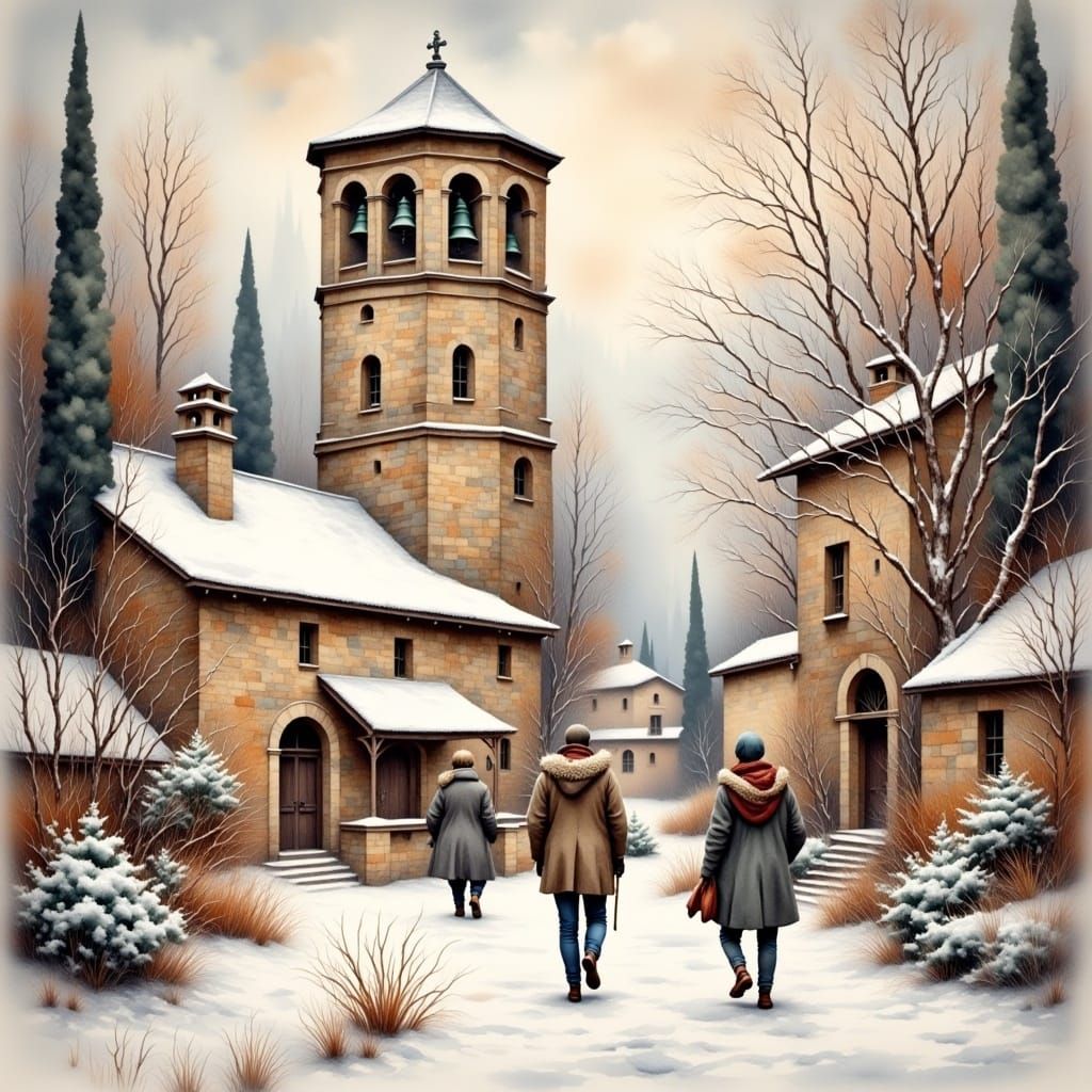 Italian Village Church in Gouache Style