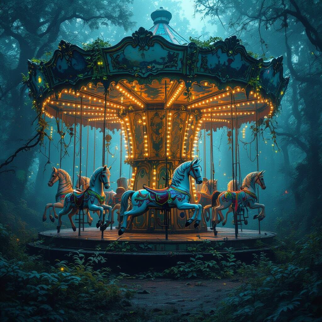 Abandoned Carousel in Bioluminescent Forest Dark Fantasy Art