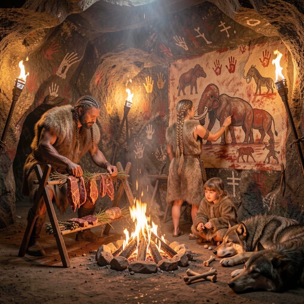 Stone Age Family Gathering in Cave Interior