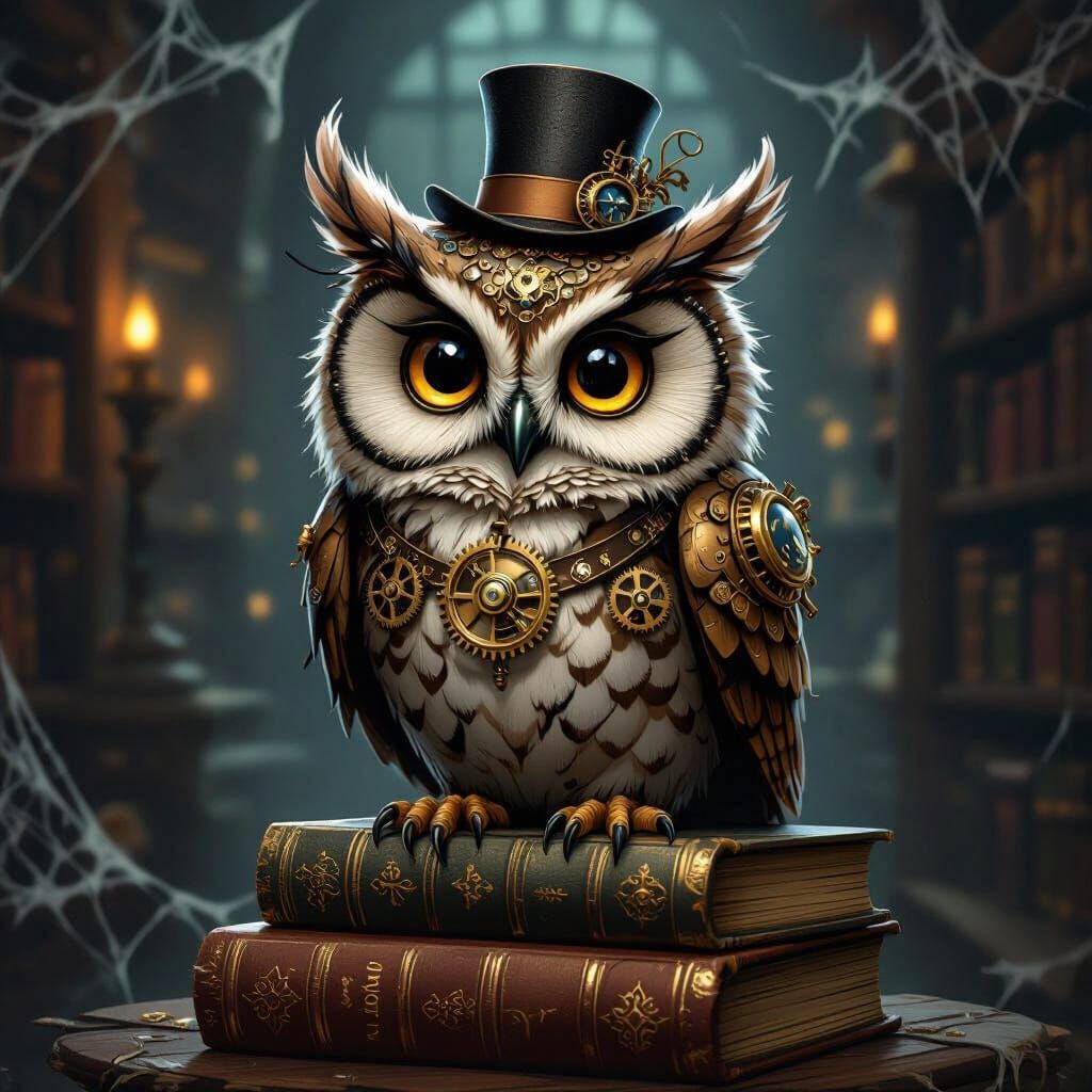 Steampunk Owl on Books in Dim Library