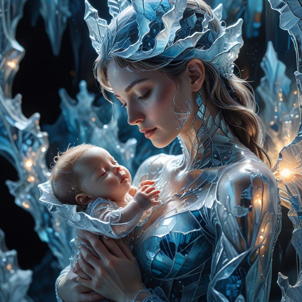 Ethereal Ice Mother and Child in Stained Glass Style
