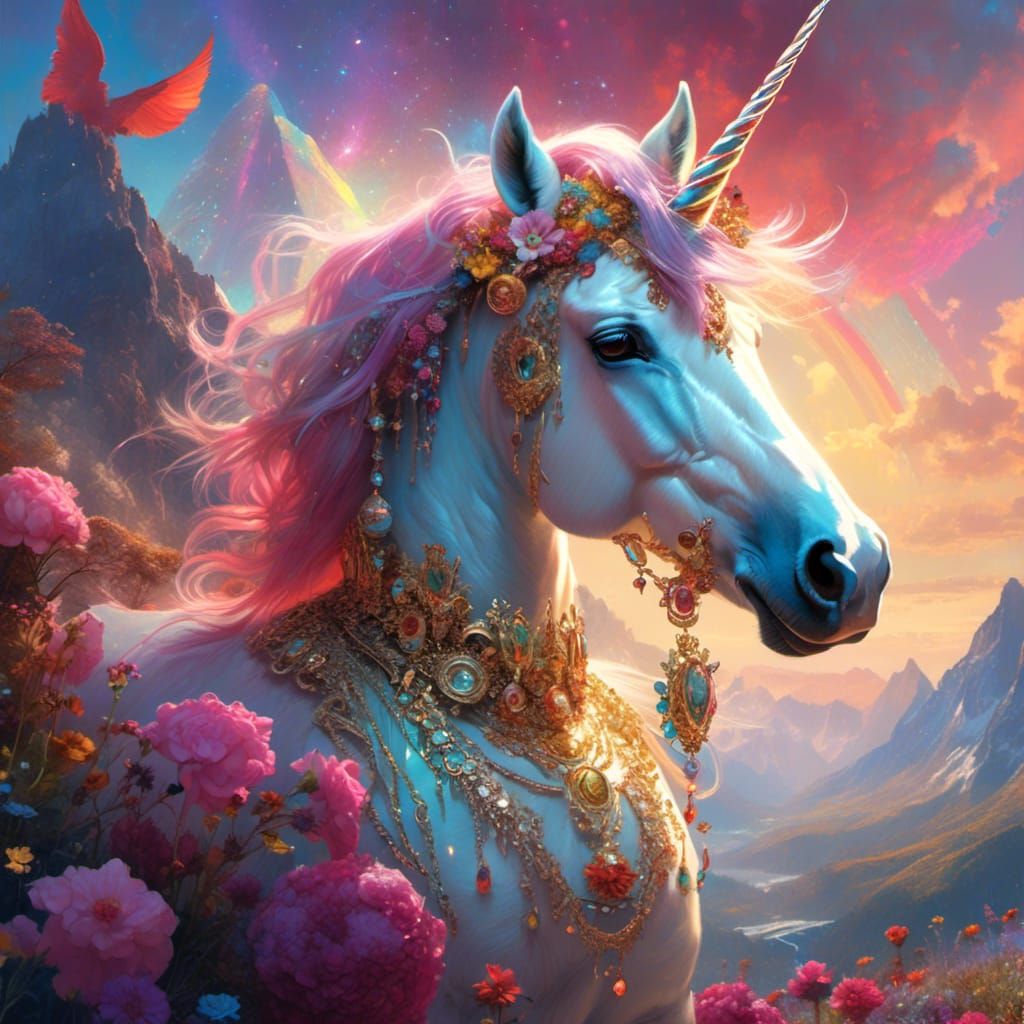 Detailed Unicorn with Jewels in Fantasy Art Style