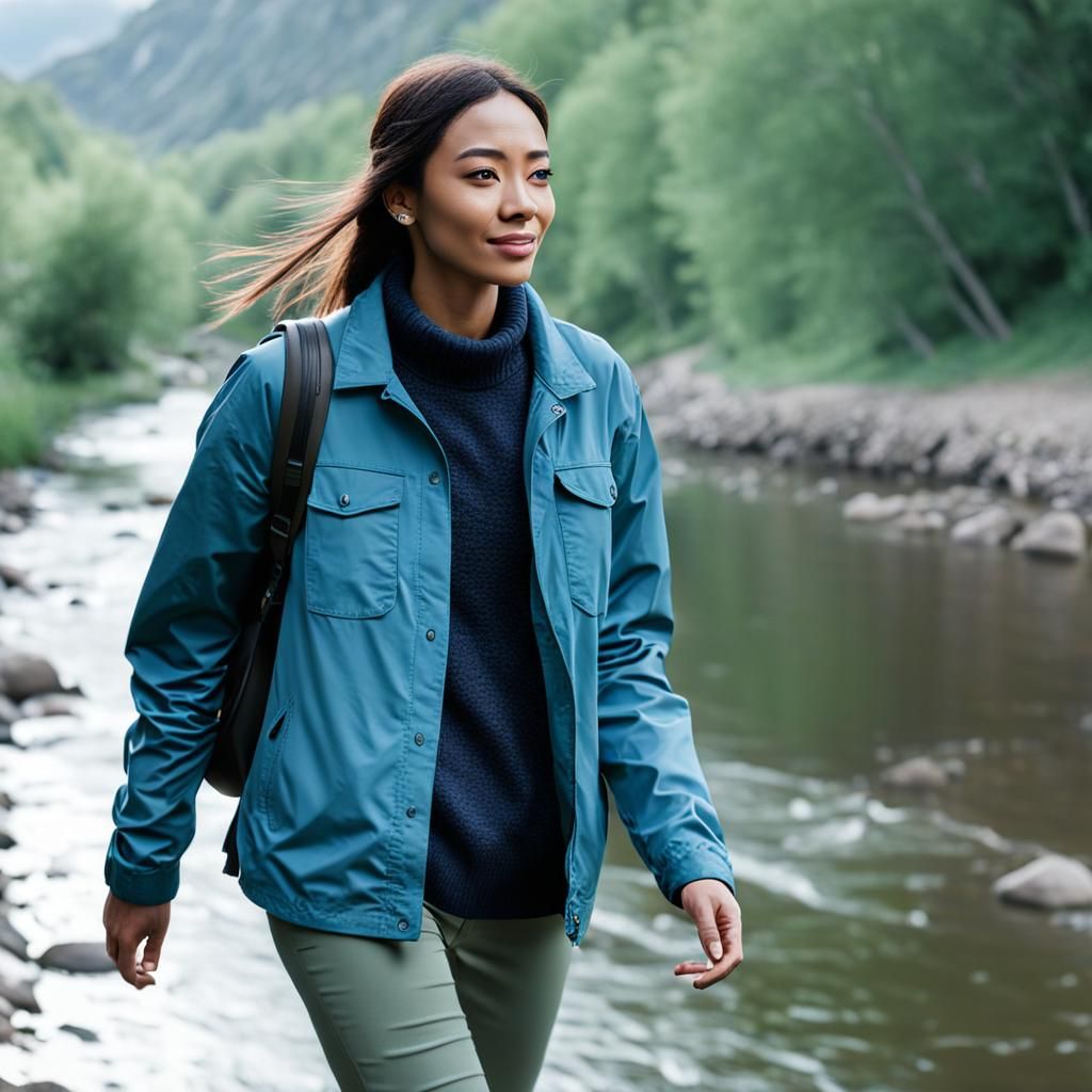 Young Woman Walking Along Riverbank